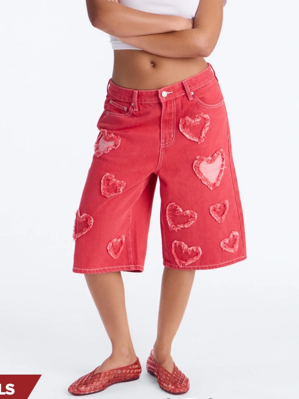 Fashion Nova red Denim Jorts  with Heart Patch - Picture 7 of 8